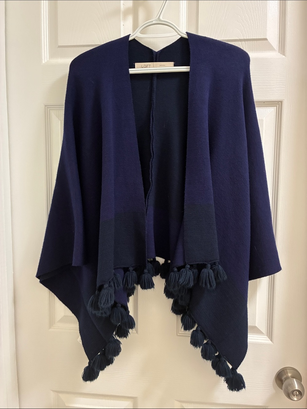 LOFT Navy Open-Front Tassel Wrap Cape